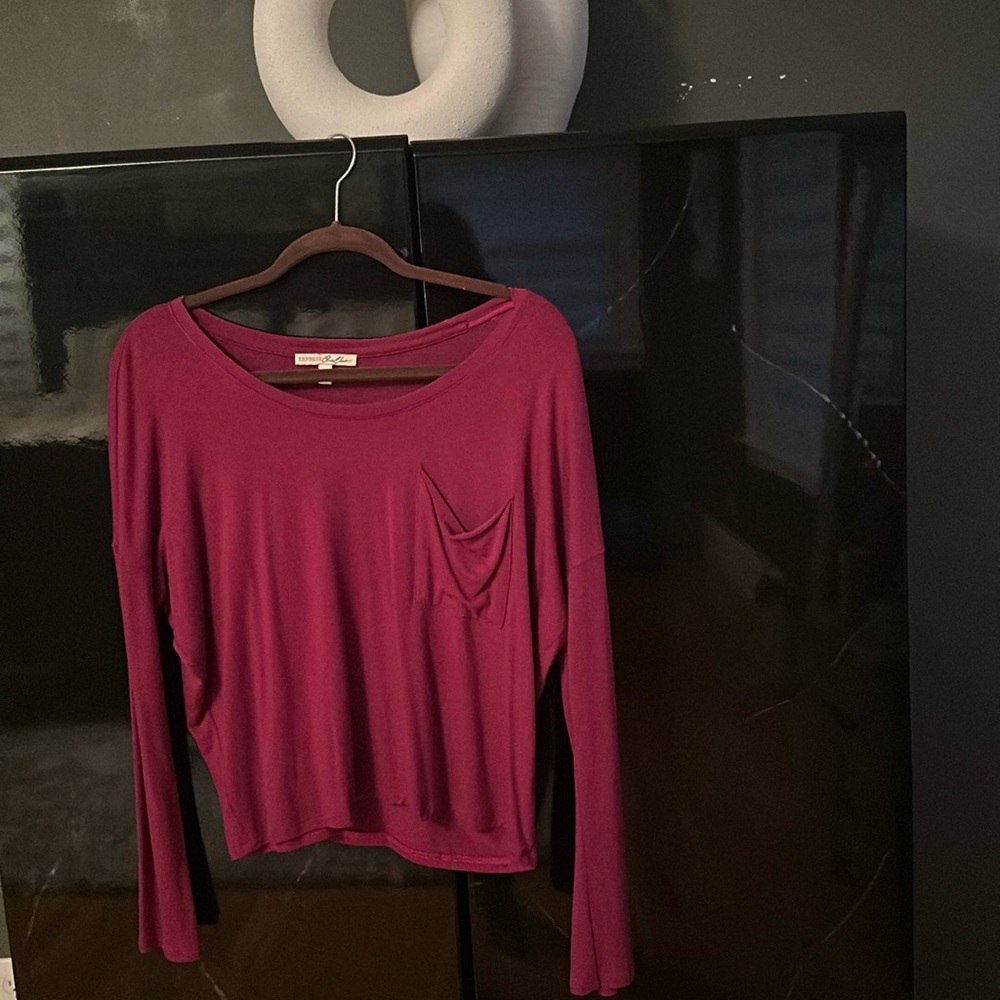 Express One Eleven- raspberry color, oversized boxy, one pocket shirt- Sm